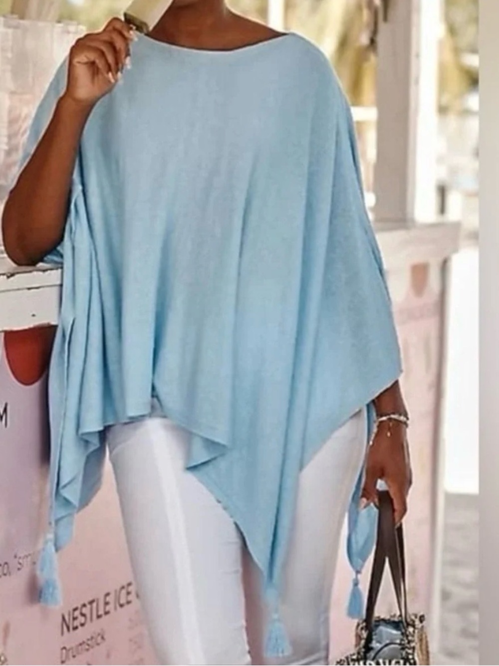 J. Jill Light Blue Draped Tassel Poncho